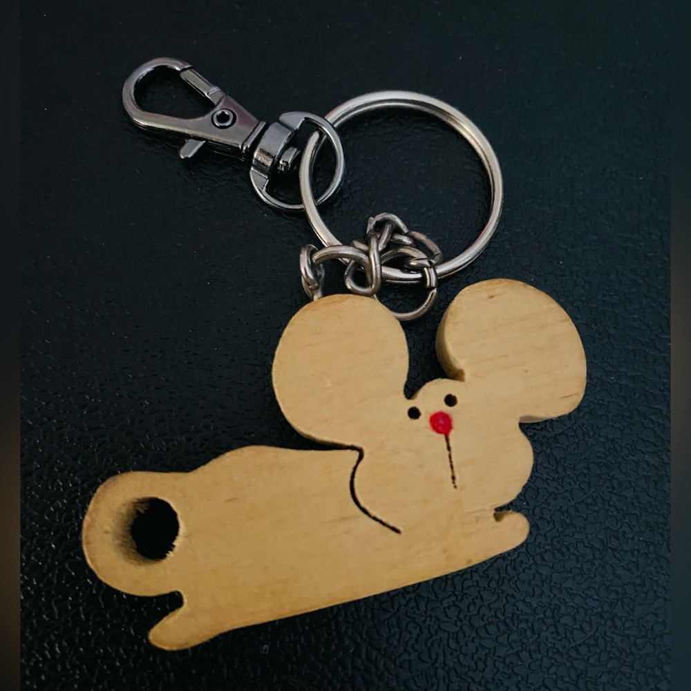 Vintage Cute Handmade Wooden Mouse Keychain